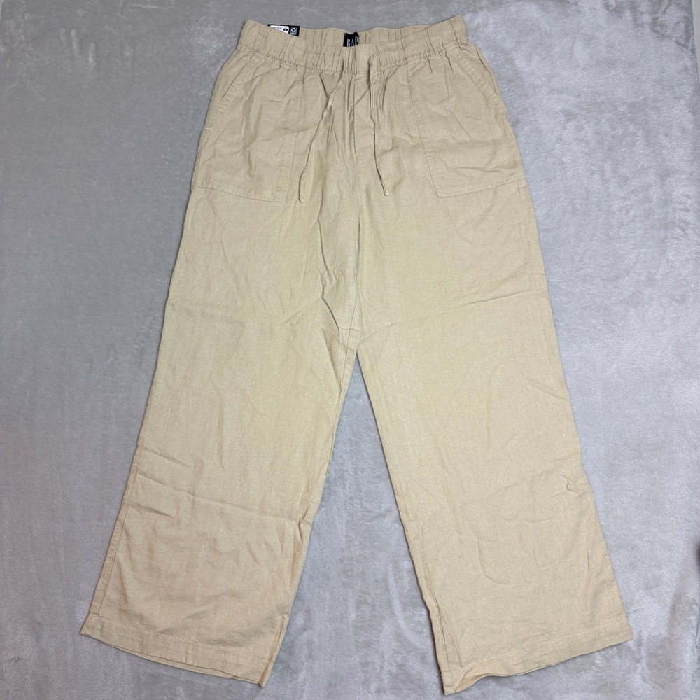 Gap Linen Blend Wide Leg Pants Womens Medium Beige Tan Elastic Waist Boho NEW